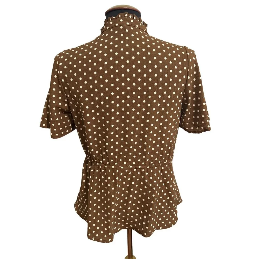 Monteau Brown Polka Dot Wrap Blouse Short Sleeve Lightweight Ruffled Collar Med - Picture 3 of 6